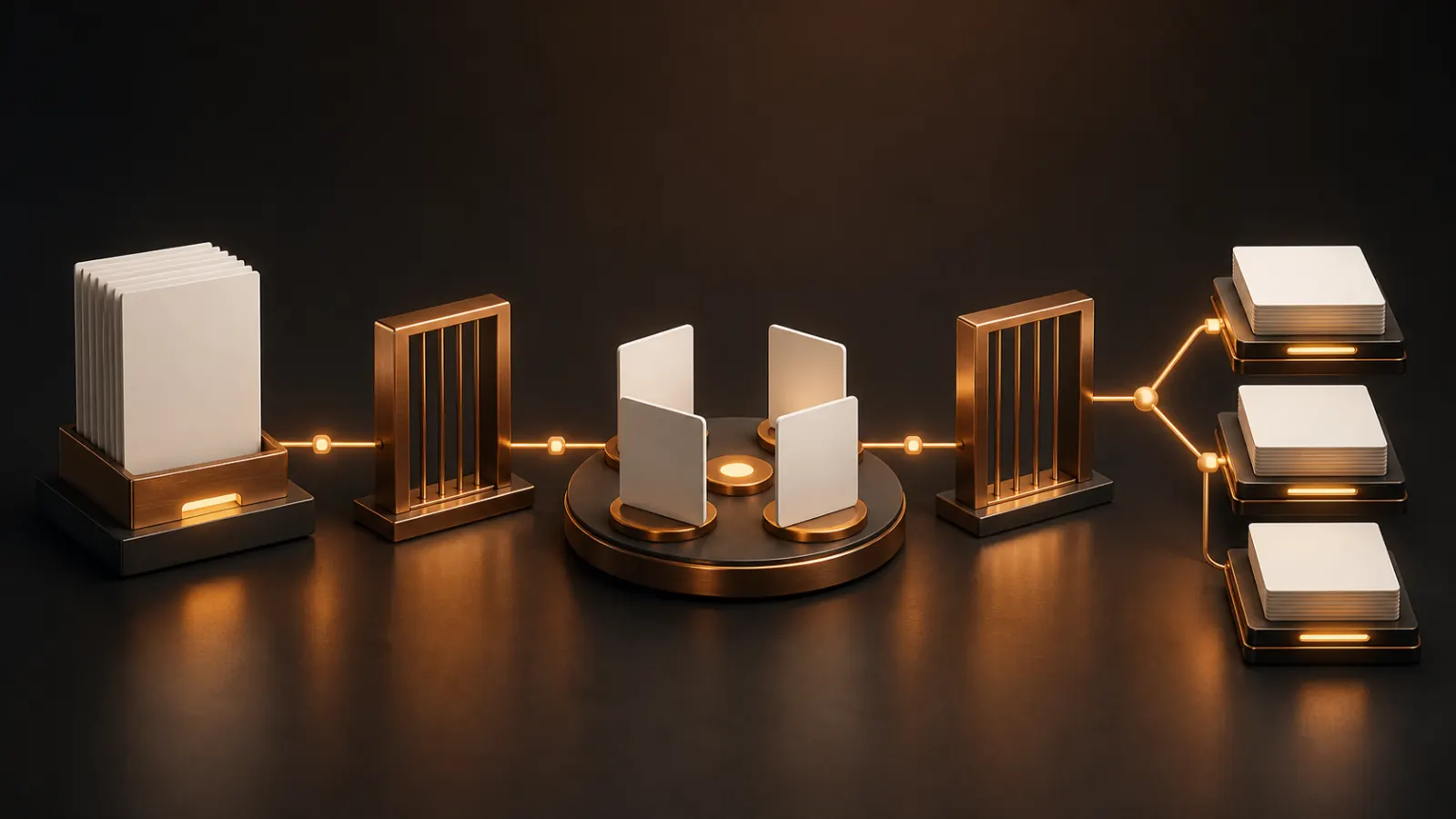 Abstract amber and copper workflow moving through review gates